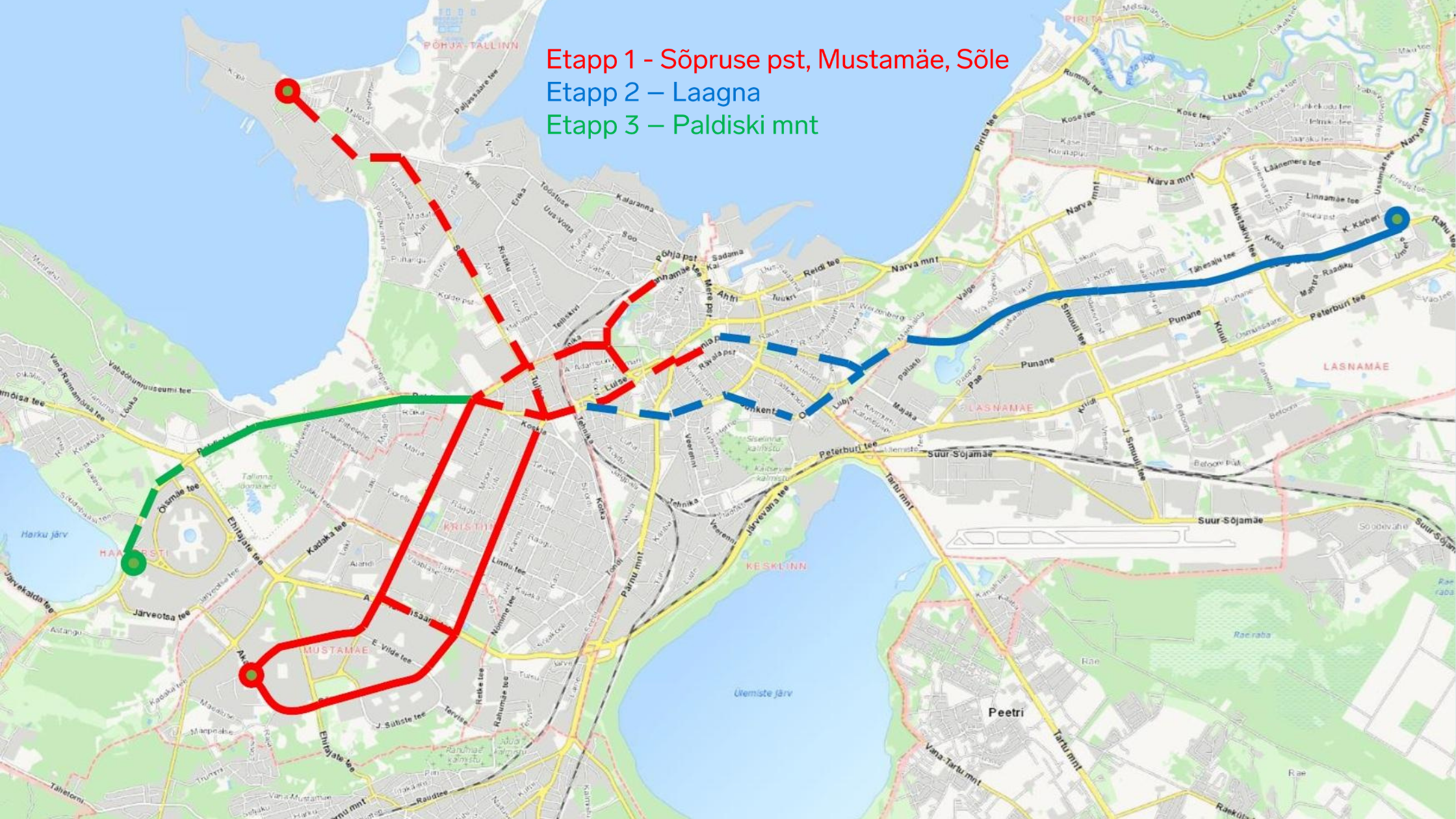 Tallinna kaart kolme värvilise joonega tähistatud tulevaste trammiliinide etappidega: punane Etapp 1, sinine Etapp 2, roheline Etapp 3.