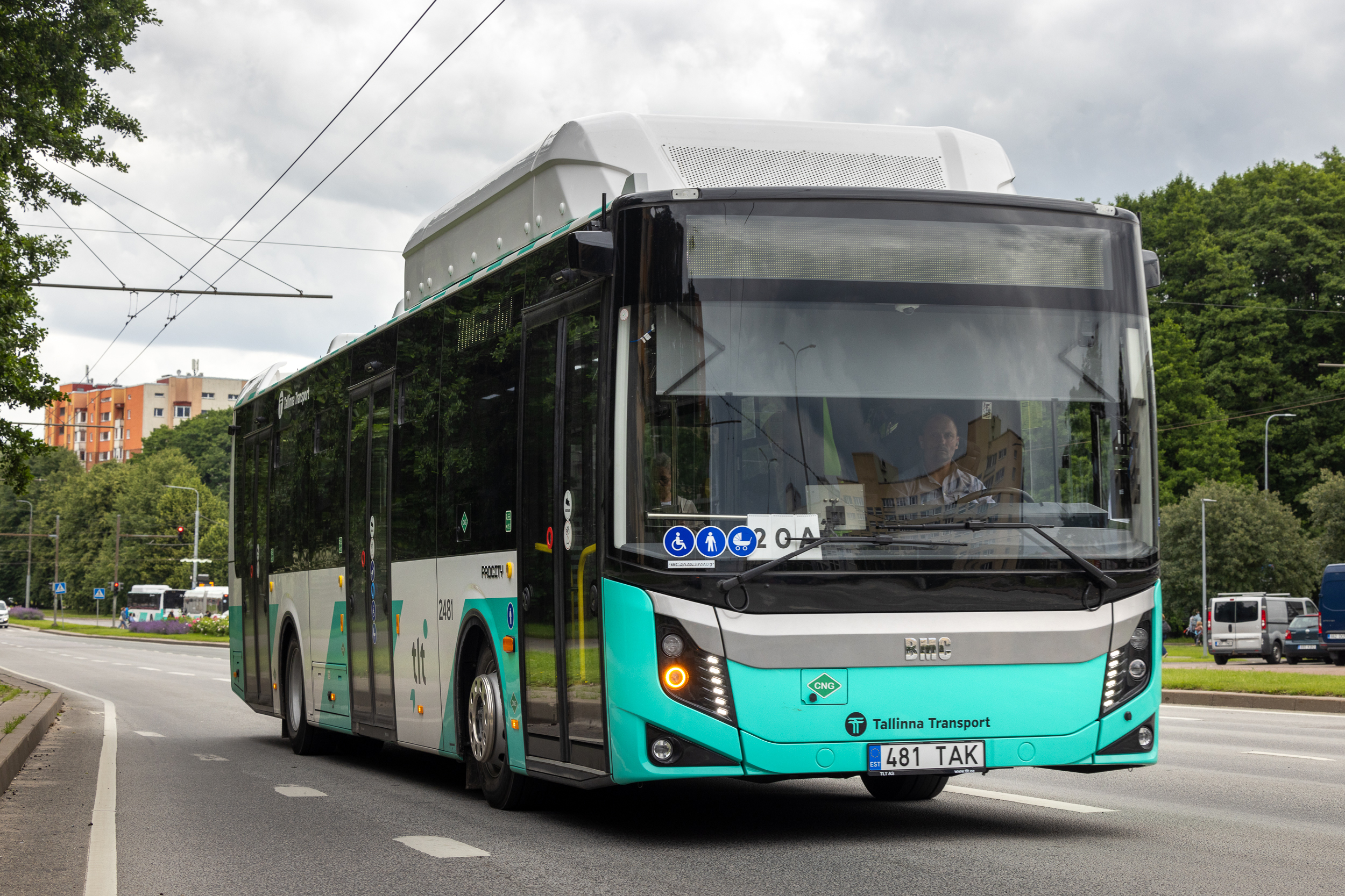Kaasaegne türkiissinine ja valge elektribuss sõidab linnateel.